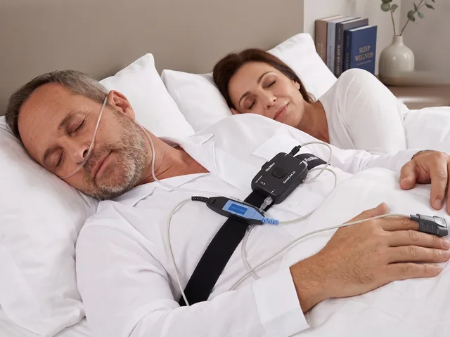 Paciente durmiendo en su propia cama, junto a su pareja, con el equipo de poligrafía respiratoria: cánula nasal, banda torácica y oxímetro en el dedo. Estudio del sueño en casa.
