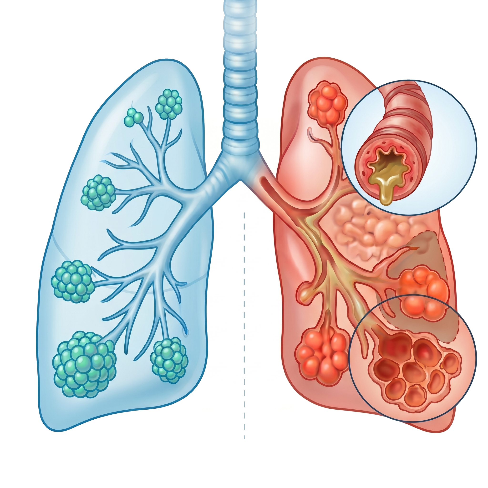 Comparación anatómica: pulmón sano vs pulmón con EPOC